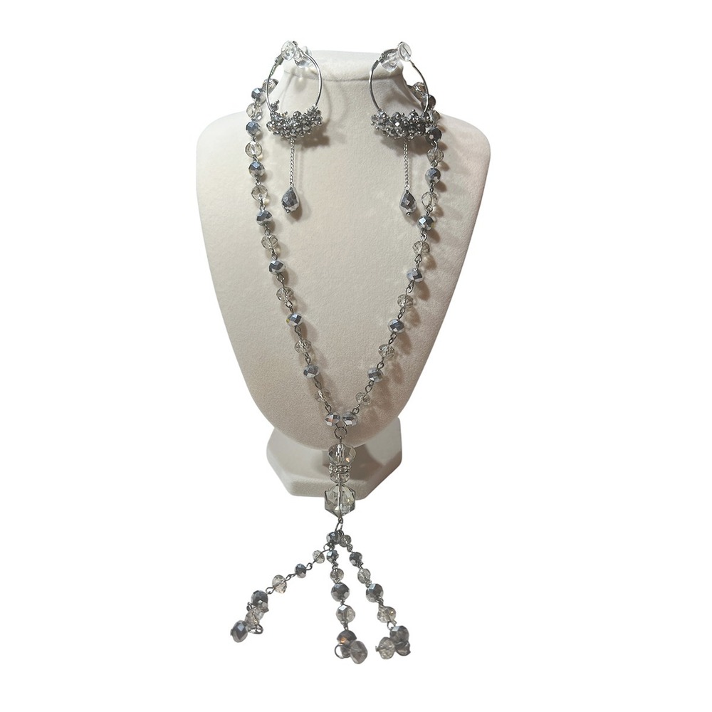 Faceted Crystal Necklace w 5" Tassel Drop + Chandelier Earring Set Gunmetal Glam